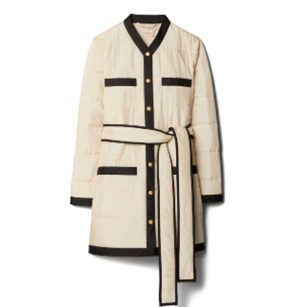 Tory Burch 100% Silk Quilted Long Jacket in Cream and Black